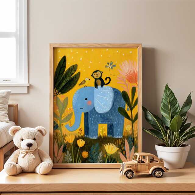 Elephant & Monkey Nursery Poster - Jungle Animal Wall Art For Kids Room Yellow Baby Print Cute Gift Idea - image 1