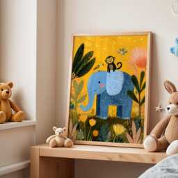 Elephant & Monkey Nursery Poster - Jungle Animal Wall Art For Kids Room Yellow Baby Print Cute Gift Idea - thumbnail 3