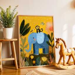 Elephant & Monkey Nursery Poster - Jungle Animal Wall Art For Kids Room Yellow Baby Print Cute Gift Idea - thumbnail 2