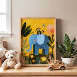 Elephant & Monkey Nursery Poster - Jungle Animal Wall Art For Kids Room Yellow Baby Print Cute Gift Idea - thumbnail 1