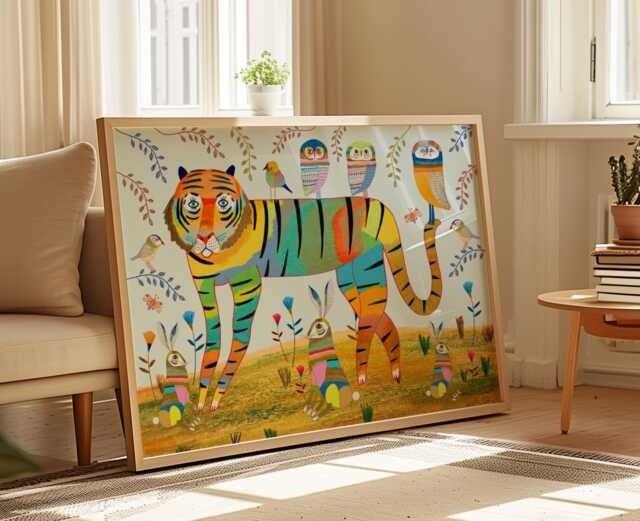 Tiger & Owls Art Print, Nursery Wall Decor, Bright Colorful, Baby Shower, Playroom, Birthday, Christmas Gift For Boy/Girl - image 1