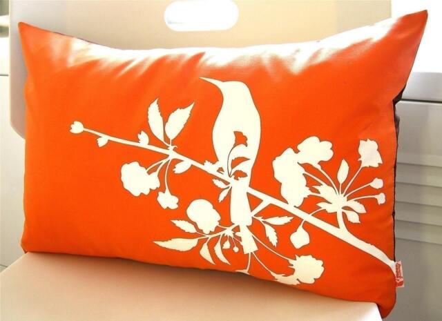 Orange Blossom Bird Pillow Silkscreened Cotton Lumbar Pillow - image 1