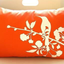 Orange Blossom Bird Pillow Silkscreened Cotton Lumbar Pillow - thumbnail 3
