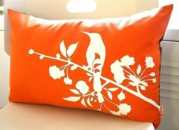 Orange Blossom Bird Pillow Silkscreened Cotton Lumbar Pillow - thumbnail 1