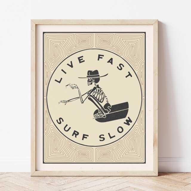 Skeleton Surfer Art Print Live Fast Surf Slow, Vintage Coastal Decor - image 1