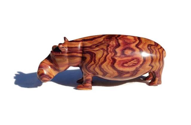 Zebra Wood Carved Hippo. Hand Carved Brown Smooth Wooden Hippopotamus Figurines. Unique Handcrafted African Animals Gifts, Express Shipping - image 1