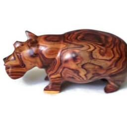 Zebra Wood Carved Hippo. Hand Carved Brown Smooth Wooden Hippopotamus Figurines. Unique Handcrafted African Animals Gifts, Express Shipping - thumbnail 2