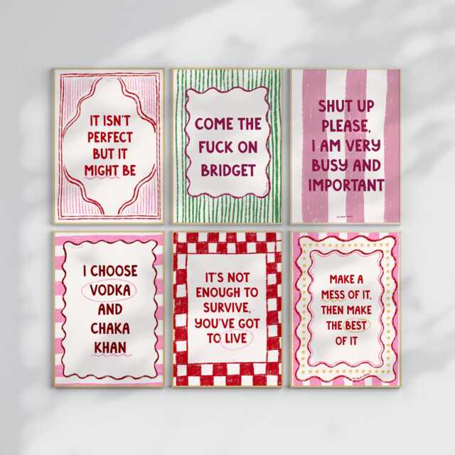Bridget Set Of 6 Art Print Poster, Movie Theatre Broadway Quote, Funny Film Tv Quotes, Bedroom Decor, Quotes Bar Cart Posters - image 1