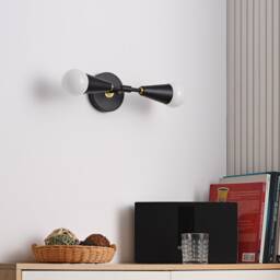 2 Light Black & Gold Cone Wall Sconce - Mid Century Modern Minimalist Ceiling Lamp Lighting For Hallway & Bathroom Vanity Vicky - thumbnail 2