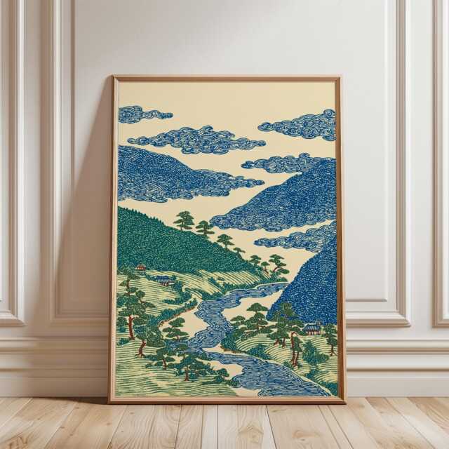 Blue Green River Landscape Poster - Japanese Woodblock Style Mountains Vintage Nature Wall Art - image 1