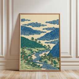 Blue Green River Landscape Poster - Japanese Woodblock Style Mountains Vintage Nature Wall Art - thumbnail 1