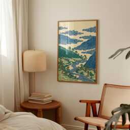 Blue Green River Landscape Poster - Japanese Woodblock Style Mountains Vintage Nature Wall Art - thumbnail 2
