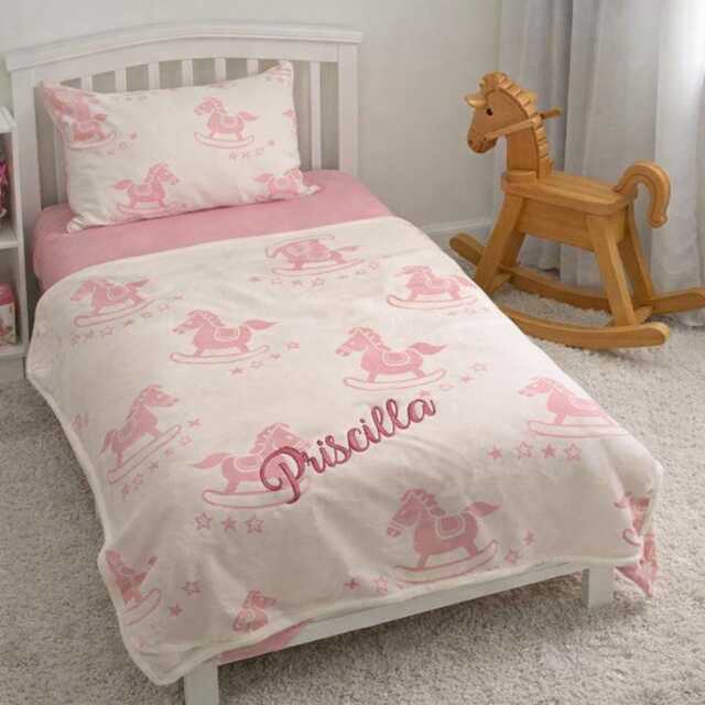 Personalised Rocking Horse Reversible Baby Blanket, Embroidered, 100% Cotton , Personalized Baby Gift, Grey, Blue, Pink - image 1