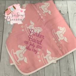 Personalised Rocking Horse Reversible Baby Blanket, Embroidered, 100% Cotton , Personalized Baby Gift, Grey, Blue, Pink - thumbnail 2