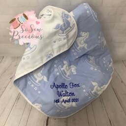 Personalised Rocking Horse Reversible Baby Blanket, Embroidered, 100% Cotton , Personalized Baby Gift, Grey, Blue, Pink - thumbnail 3