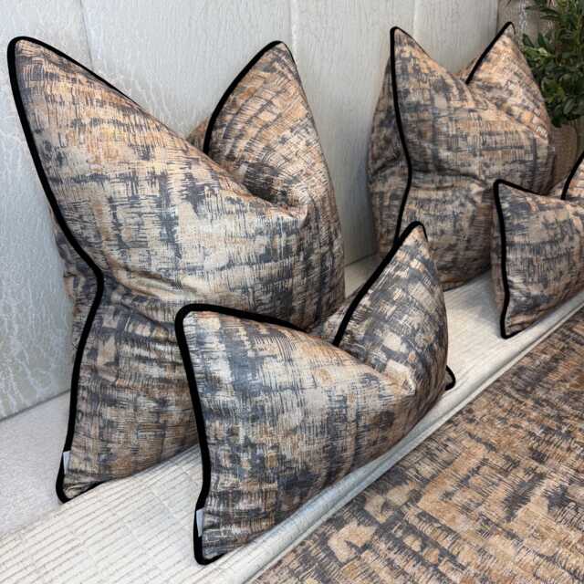 Mahali Brown Gold Cushion Cover Black Velvet Piping Prestigious Textiles, Luxury Abstract Pillow Euro Sham Handmade UK Bespoke All Sizes - image 1