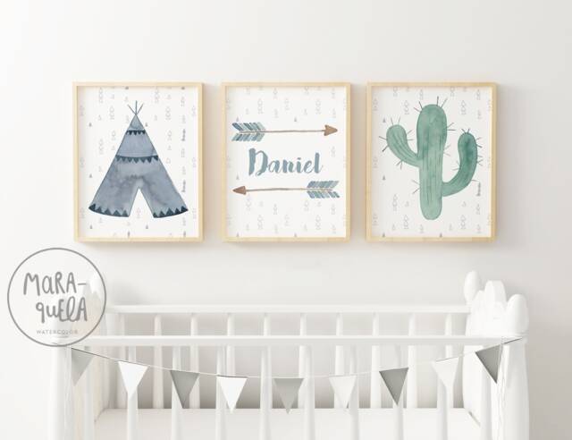 Watercolor Tepee Set - Blue & Green Art Baby Shower Tepee, Cactus, Custom Arrow Tribal Decor Nursery Wall Indian Theme Set - image 1