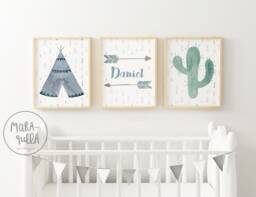 Watercolor Tepee Set - Blue & Green Art Baby Shower Tepee, Cactus, Custom Arrow Tribal Decor Nursery Wall Indian Theme Set - thumbnail 1