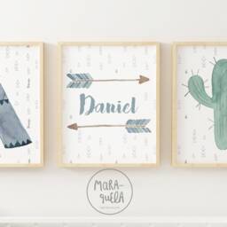 Watercolor Tepee Set - Blue & Green Art Baby Shower Tepee, Cactus, Custom Arrow Tribal Decor Nursery Wall Indian Theme Set - thumbnail 3