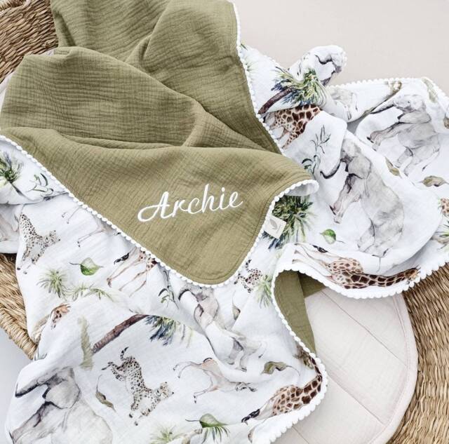 Personalized Safari Baby Blanket, Organic Muslin Swaddle, Handmade - image 1