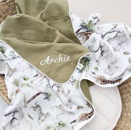 Personalized Safari Baby Blanket, Organic Muslin Swaddle, Handmade - thumbnail 1