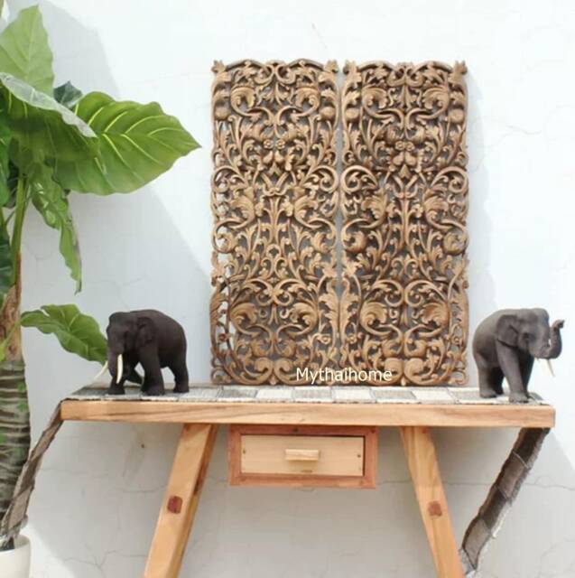 2 Panels White Wood Wall Art, Thai Carving Sculpture Lotus Flower Mandala Wooden Hand Carved Teak Natural Art Hanging - image 1