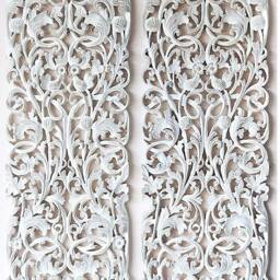 2 Panels White Wood Wall Art, Thai Carving Sculpture Lotus Flower Mandala Wooden Hand Carved Teak Natural Art Hanging - thumbnail 4