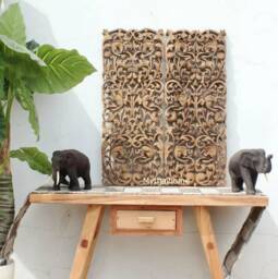 2 Panels White Wood Wall Art, Thai Carving Sculpture Lotus Flower Mandala Wooden Hand Carved Teak Natural Art Hanging - thumbnail 1
