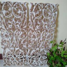 2 Panels White Wood Wall Art, Thai Carving Sculpture Lotus Flower Mandala Wooden Hand Carved Teak Natural Art Hanging - thumbnail 3