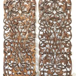 2 Panels White Wood Wall Art, Thai Carving Sculpture Lotus Flower Mandala Wooden Hand Carved Teak Natural Art Hanging - thumbnail 2