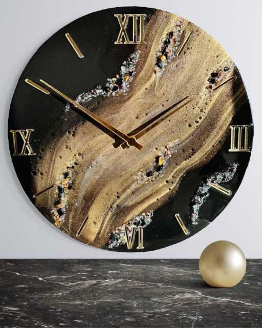 Gold & Black Epoxy Resin Clock Natural Stones, Modern Art Decor - image 1