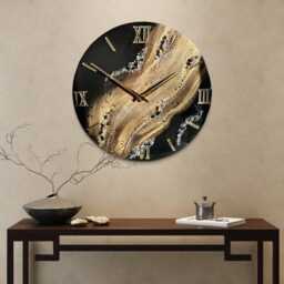 Gold & Black Epoxy Resin Clock Natural Stones, Modern Art Decor - thumbnail 3