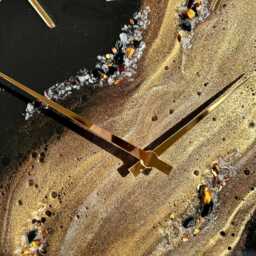 Gold & Black Epoxy Resin Clock Natural Stones, Modern Art Decor - thumbnail 4