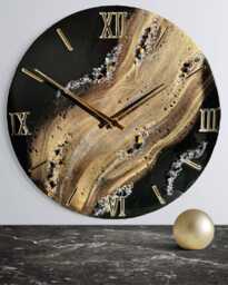 Gold & Black Epoxy Resin Clock Natural Stones, Modern Art Decor - thumbnail 1