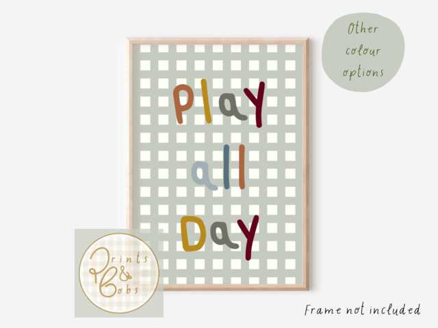 Play All Day Gingham Print For A Playroom, Bedroom Or Nursery. Multiple Colour Options Available. Colourful Wall Art Kids - Unframed - image 1