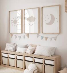 Gender Neutral Cloud Moon Sun Prints - Set Of 3, Baby Girl Print, Beige Nursery Prints, Wall Art, Boy Decor, Kids Bedroom - thumbnail 1