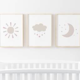 Gender Neutral Cloud Moon Sun Prints - Set Of 3, Baby Girl Print, Beige Nursery Prints, Wall Art, Boy Decor, Kids Bedroom - thumbnail 2