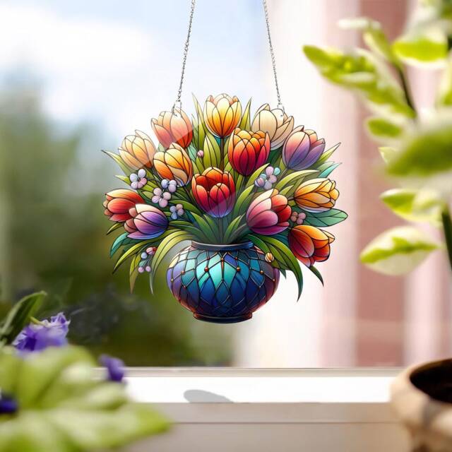 Faux Stained Glass Tulip Window Hanging Acrylic Floral Decor - image 1