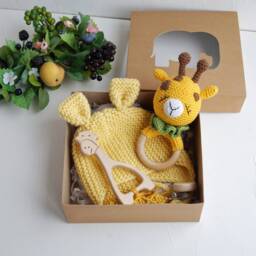 New Mom Gift Package, Giraffe Baby Rattle, Safari Shower Gift, Nursery, Future Parents Congrats Box, Newborn Knitted Hat With Ears - thumbnail 2