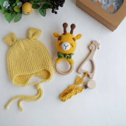 New Mom Gift Package, Giraffe Baby Rattle, Safari Shower Gift, Nursery, Future Parents Congrats Box, Newborn Knitted Hat With Ears - thumbnail 3