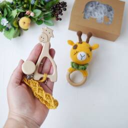 New Mom Gift Package, Giraffe Baby Rattle, Safari Shower Gift, Nursery, Future Parents Congrats Box, Newborn Knitted Hat With Ears - thumbnail 4