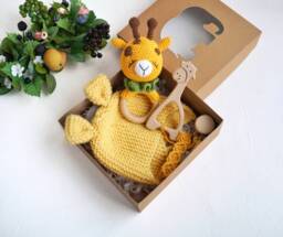 New Mom Gift Package, Giraffe Baby Rattle, Safari Shower Gift, Nursery, Future Parents Congrats Box, Newborn Knitted Hat With Ears