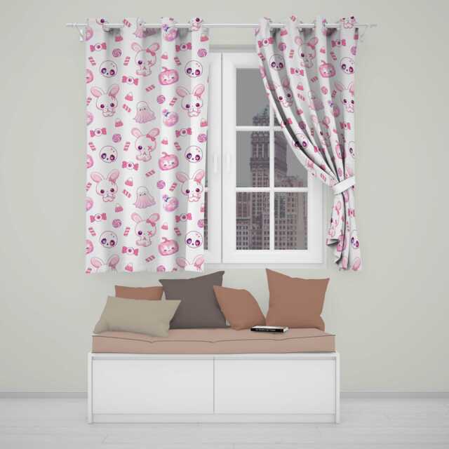 Cute Pink Halloween Bunny Candy Ghost Pumpkin Seamless Pattern Cream Background Readymade Eyelet Ring Top Thermal 100% Blackout Curtains - image 1