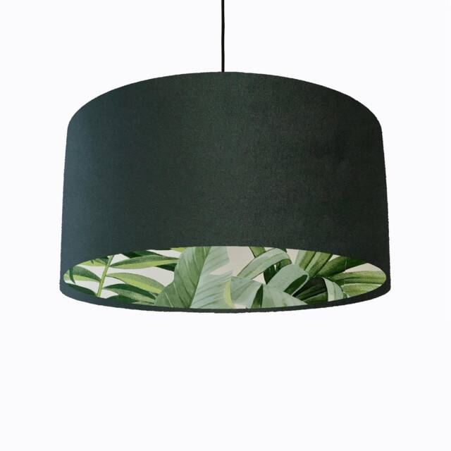 Forest Green Velvet Drum Lampshade With Lush Leaves Lining, Large Tropical Lightshade - image 1