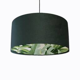 Forest Green Velvet Drum Lampshade With Lush Leaves Lining, Large Tropical Lightshade