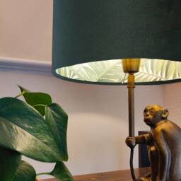 Forest Green Velvet Drum Lampshade With Lush Leaves Lining, Large Tropical Lightshade - thumbnail 2
