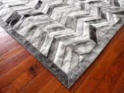 Patchwork Cowhide Rug, Gray Chevron Pattern - Handmade, Soft Leather - thumbnail 1