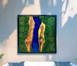 Moss Wall Decor, Art, Wood & Preserved Moss, Resin River - thumbnail 1