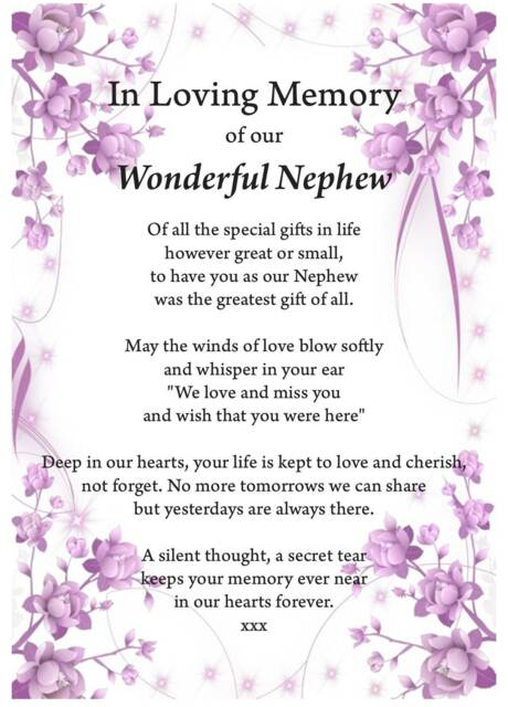 Nephew in Loving Memory Print, Funeral Poem, Missing You, Bereavement, Heaven Grief Nephew Heaven - image 1