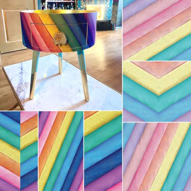 Rainbow Stripe Side Table, Kensington Multicoloured Round Table . Multicoloured Nightstand, Gold Leaf Bedside Table. Mint Green Legs - image 1